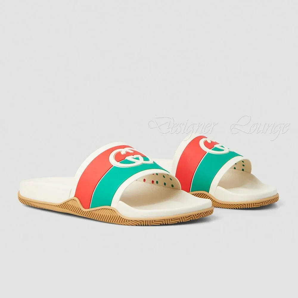 NEW GUCCI Women's Agrado Interlocking G Logo Cream Rubber Slides EU 38 US 8